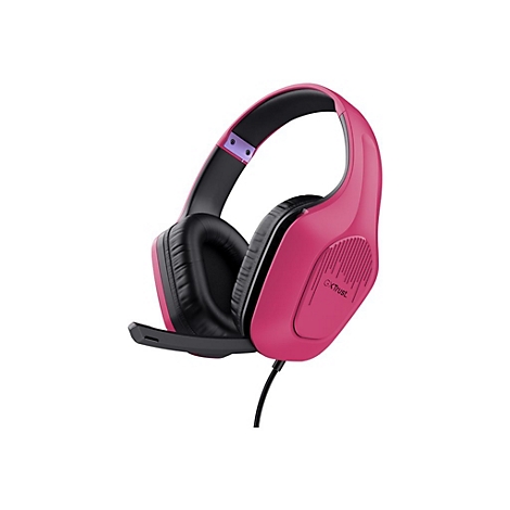 Rosa Gaming-Headset mit schwarzem Mikrofon und Polsterung vor weißem Hintergrund.