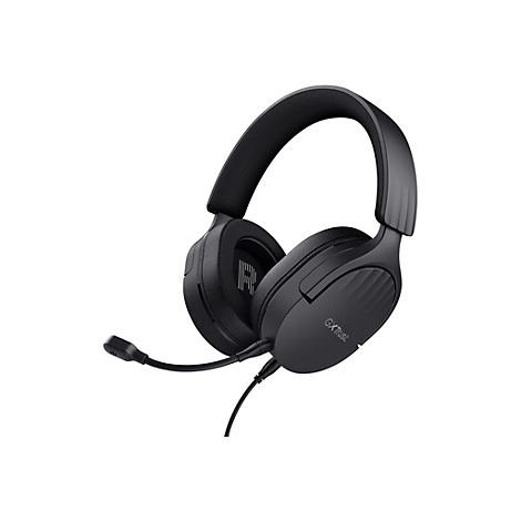 Schwarzes Gaming-Headset mit Bügel und abnehmbarem Mikrofon vor weißem Hintergrund.