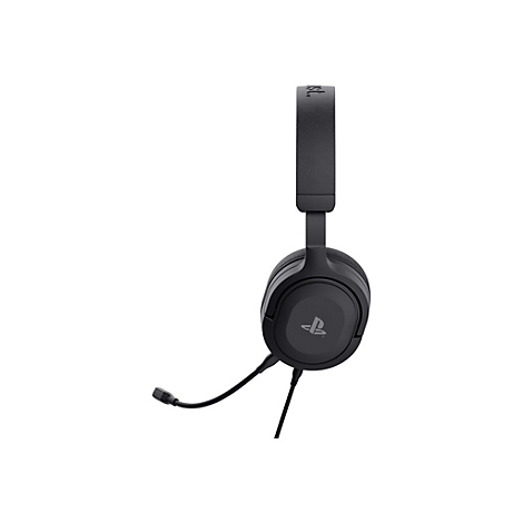 Schwarzes PlayStation Gaming-Headset in Seitenansicht vor weißem Hintergrund.