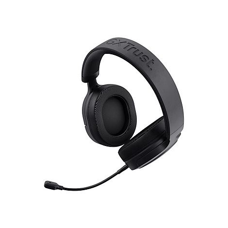 Schwarzes Gaming-Headset GXT mit Kopfbügel und verstellbarem Mikrofon vor weißem Hintergrund.