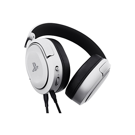 Weißes Gaming-Headset mit schwarzem Polster und Kabel auf weißem Hintergrund. Auf der Ohrmuschel befindet sich ein PlayStation-Logo.
