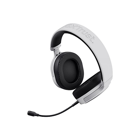 Weißes Gaming-Headset mit schwarzem Mikrofon und Ohrmuscheln vor weißem Hintergrund.