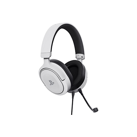 Weißes Gaming-Headset mit Mikrofon, PlayStation-Logo.