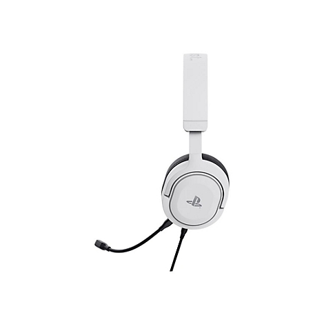 Weißes Headset mit Mikrofon, PlayStation-Logo und Kabel. Gezeigt vor neutralem Hintergrund.