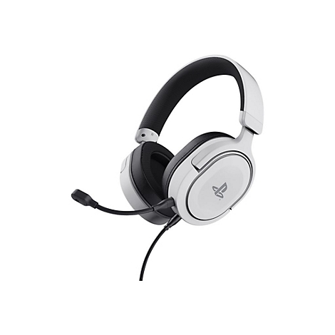 Weißes Gaming-Headset mit Mikrofon, Playstation-Logo auf den Ohrmuscheln.