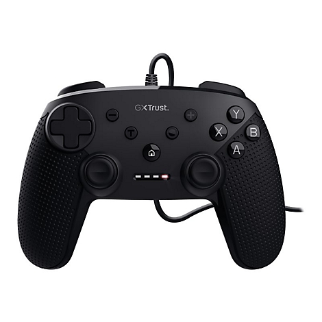 Schwarzer kabelgebundener Gaming-Controller mit strukturierten Griffen und Tastenanordnung für Nintendo Switch.