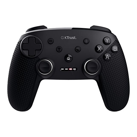 Schwarzer kabelloser Gaming-Controller mit texturierten Griffen, Tastenanordnung und beleuchteter LED-Anzeige.