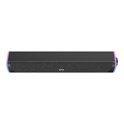 Schwarzer Soundbar mit Stofffront und farbigen Akzenten. An der Front ist das Logo des Herstellers zu sehen.