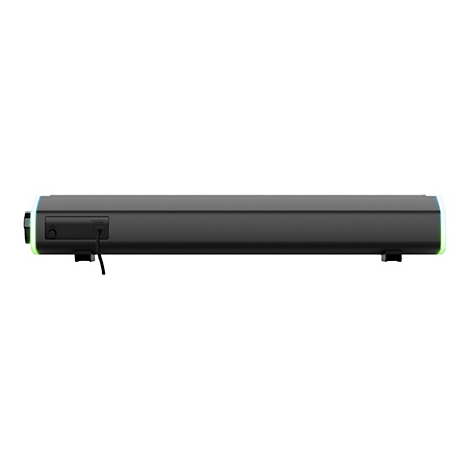 Rückseite einer schwarzen Gaming-Soundbar mit LED-Beleuchtung und Anschlusskabel vor weißem Hintergrund.