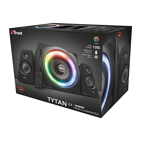 Schwarzes Lautsprechersystem in Box. Mittig groÃŸer Subwoofer mit farbigem Lichtkranz, zwei kleinere Lautsprecher daneben.