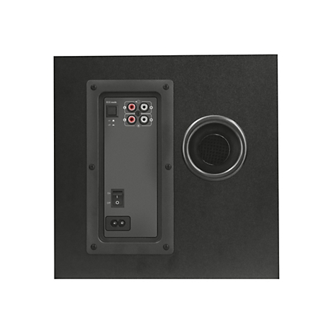 Schwarzer Subwoofer, RÃ¼ckseite mit AnschlÃ¼ssen, Schaltern und Lautsprecher.