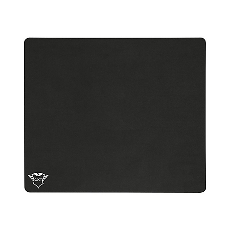 Schwarzes rechteckiges Mauspad mit kleinem Trust-Logo unten links.