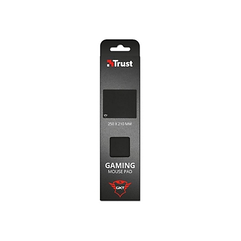 Schwarzes Gaming Mauspad in Verpackung. SchriftzÃ¼ge: Trust, Gaming Mouse Pad, CXT. MaÃŸe: 250 x 210 mm.