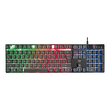 Schwarze Gaming-Tastatur mit RGB-Beleuchtung. Die Tasten sind beleuchtet, das Trust-Logo ist rechts unten.