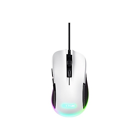Weiße Gaming-Maus von Trust mit RGB-Beleuchtung vor weißem Hintergrund.