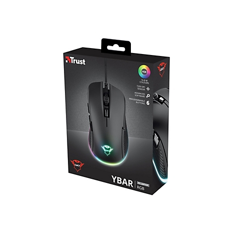 Produktverpackung der schwarzen Trust YBAR Gaming-Maus mit RGB-Beleuchtung und technischer Spezifikation.