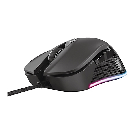 Schwarze Gaming-Maus mit Kabel, Wabenstruktur an der Seite und beleuchteter RGB-Leiste auf weißem Hintergrund.