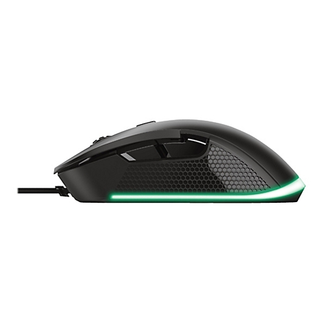 Schwarze Gaming-Maus mit Wabenmuster an der Seite und grün leuchtendem LED-Streifen vor weißem Hintergrund.