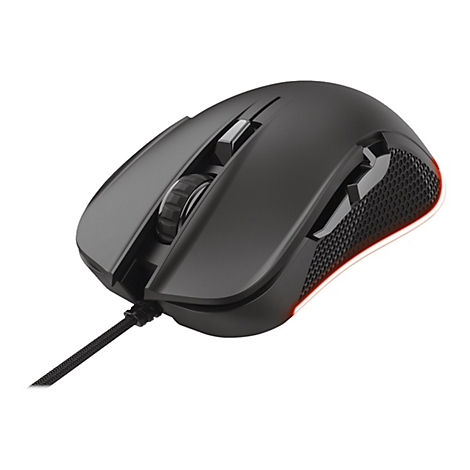 Schwarze Gaming-Maus mit Kabel, Wabenstruktur an den Seiten und roter LED-Beleuchtung auf weißem Hintergrund.