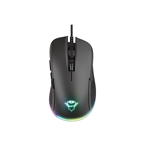 Schwarze Gaming-Maus mit RGB-Beleuchtung und GXT-Logo auf weißem Hintergrund.