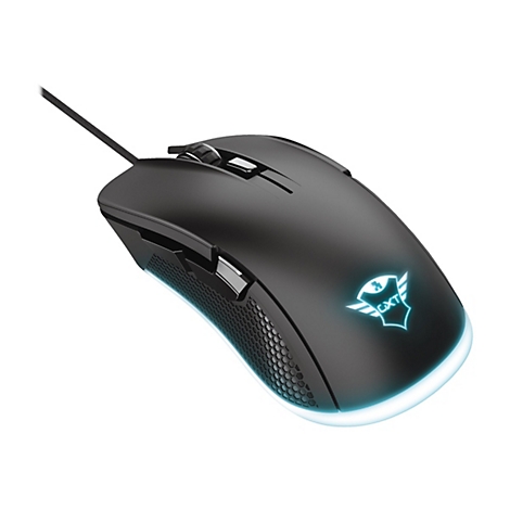 Schwarze Gaming-Maus mit blauer LED-Beleuchtung und beleuchtetem GXT-Logo vor weißem Hintergrund.