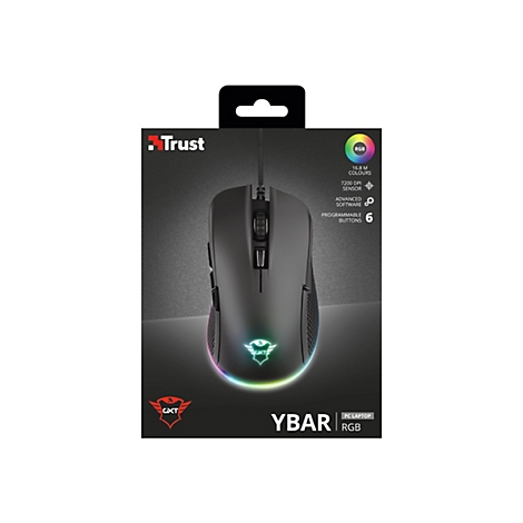 Schwarze Trust YBAR Gaming-Maus in der Verpackung mit RGB-Beleuchtung und technischer Spezifikationsliste.