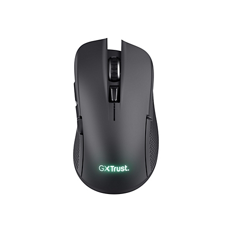 Schwarze Gaming-Maus mit leuchtendem GXTrust-Logo auf weißem Hintergrund.