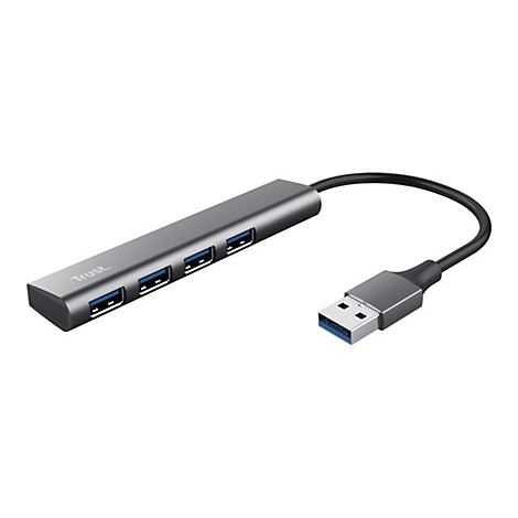 Grauer Trust USB-Hub mit vier Anschlüssen und kurzem USB-Kabel auf weißem Hintergrund.