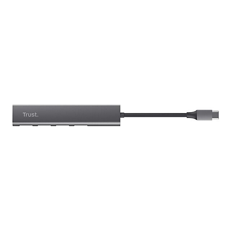 Grauer Trust USB-C Multiport-Adapter mit kurzem Kabel und USB-C-Stecker vor weißem Hintergrund.