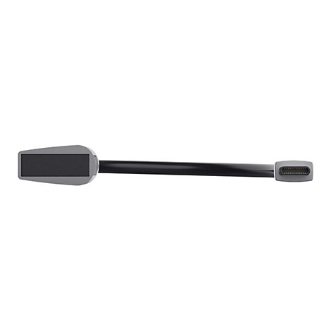 Schwarzes Mikrofon mit grauem Kopf und USB-C-Anschluss vor weißem Hintergrund.