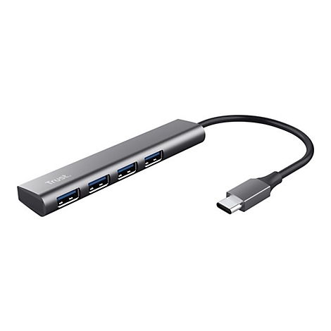 Grauer USB-C-Hub von Trust mit vier USB-Anschlüssen vor weißem Hintergrund.