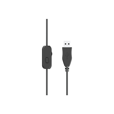 Schwarzes USB-Kabel mit Schalter für Ein und Aus sowie USB-Anschluss vor weißem Hintergrund.