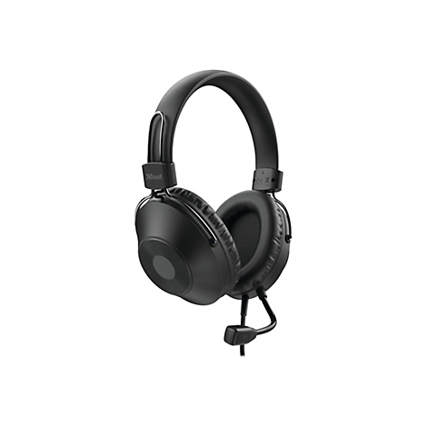 Schwarzes Trust Headset mit Mikrofon auf weißem Hintergrund.