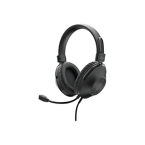 Schwarzes kabelgebundenes Trust Gaming-Headset mit Ohrpolstern und schwenkbarem Mikrofon vor weißem Hintergrund.