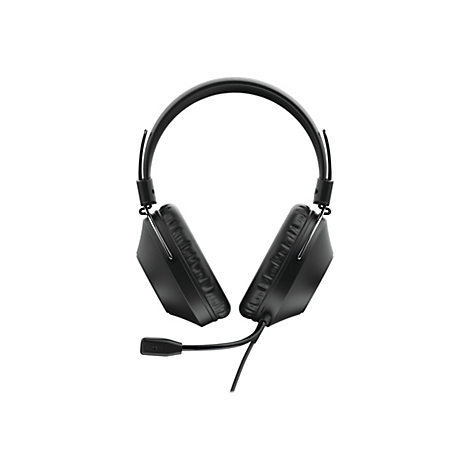 Schwarzes Gaming-Headset mit Kopfbügel und seitlich angebrachtem Mikrofon vor weißem Hintergrund.