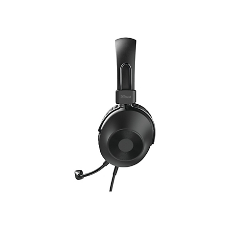 Schwarzes Trust Headset mit Mikrofonarm vor weißem Hintergrund.