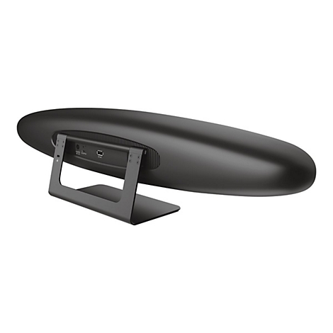 Rückansicht einer schwarzen, ovalen Soundbar auf einem metallenen Standfuß vor weißem Hintergrund.
