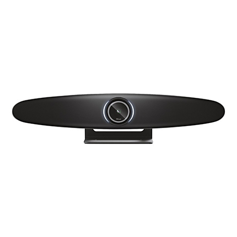 Schwarze, ovale Trust-Webcam auf einem Standfuß mit zentralem, von Lichtringen umrahmtem Kameraobjektiv.