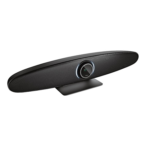 Schwarze Konferenz-Webcam in länglicher Soundbar-Form mit mittiger Kamera und weißem Lichtring auf weißem Hintergrund.