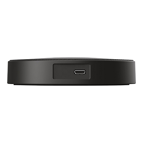Nahaufnahme der USB-C Ladebuchse an der Seite eines schwarzen, runden Lautsprechers vor weißem Hintergrund.