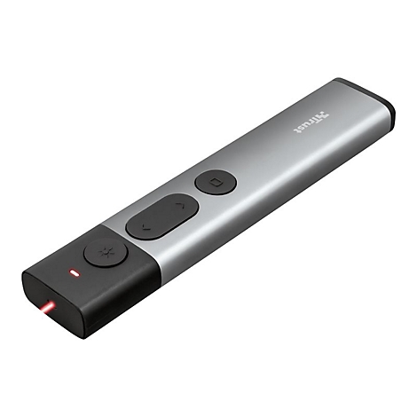 Silberner Präsentations-Pointer von Trust mit schwarzen Tasten und rotem Laserpunkt auf weißem Hintergrund.