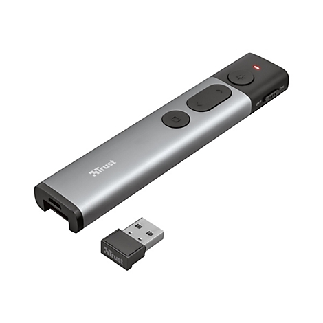 Grauer Trust Presenter mit schwarzem Tastenfeld und roter Statusleuchte, daneben ein USB-Empfänger.