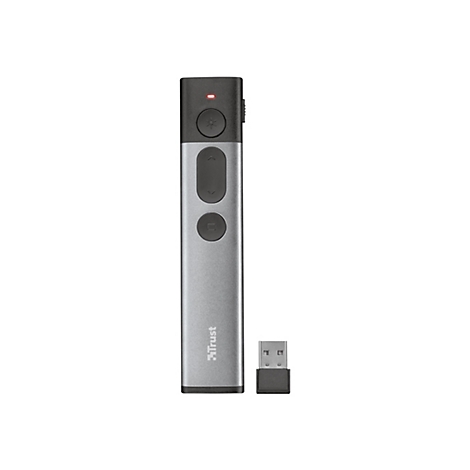 Grauer Trust Laser-Präsentations-Pointer mit Bedienknöpfen und kleinem USB-Empfänger auf weißem Grund.