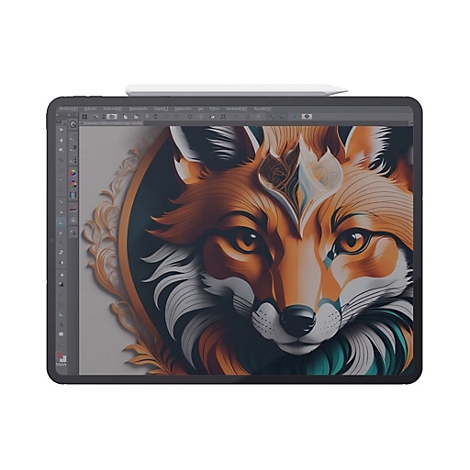 Ein Tablet mit einem bunten Fuchsbild, das in einer Grafiksoftware bearbeitet wird. Die Menüleiste ist oben abgebildet.