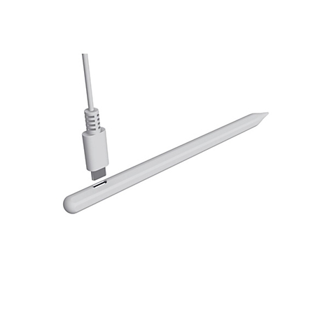 Ein weißer Eingabestift mit angedocktem Ladekabel, auf weißem Hintergrund.