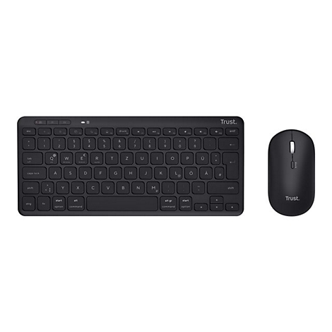 Schwarzes kabelloses Tastatur-Maus-Set von Trust auf weißem Hintergrund.