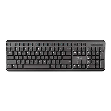 Draufsicht auf eine schwarze Trust-Tastatur. Tasten mit Buchstaben, Zahlen und Sonderzeichen sind deutlich sichtbar.