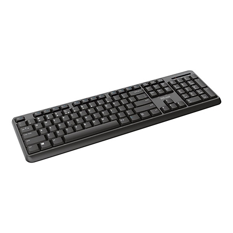 Drahtlose schwarze Trust-Tastatur mit weißen Buchstaben. Auf dem Nummernblock befindet sich das Trust-Logo.
