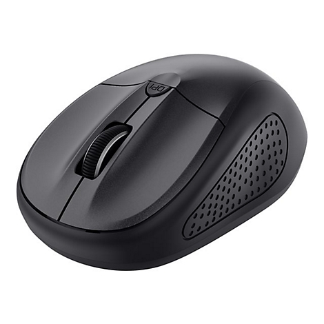 Schwarze, ergonomische kabellose Computermaus mit Scrollrad und DPI-Taste vor weißem Hintergrund.