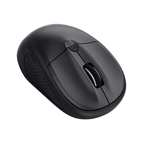 Schwarze kabellose Computermaus mit Mausrad und DPI-Taste auf weißem Hintergrund.